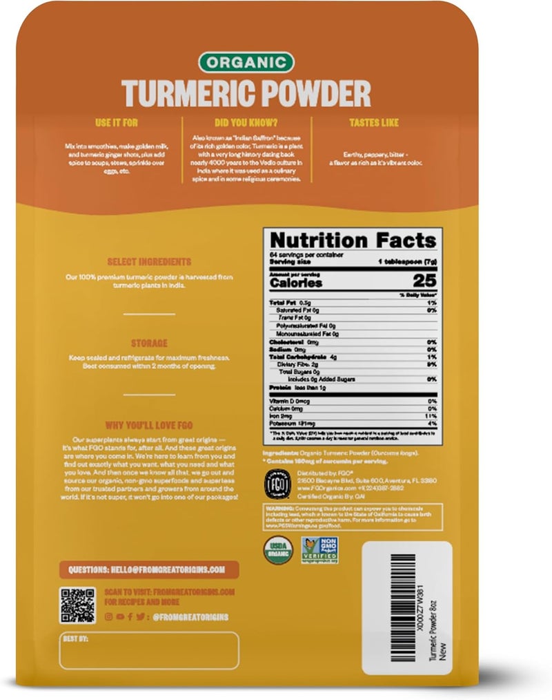 FGO Feel Good Organics Lab Tested for Purity Resealable Kraft Bag Organic Turmeric Root Powder with Curcumin, 8oz/226g - Image 2